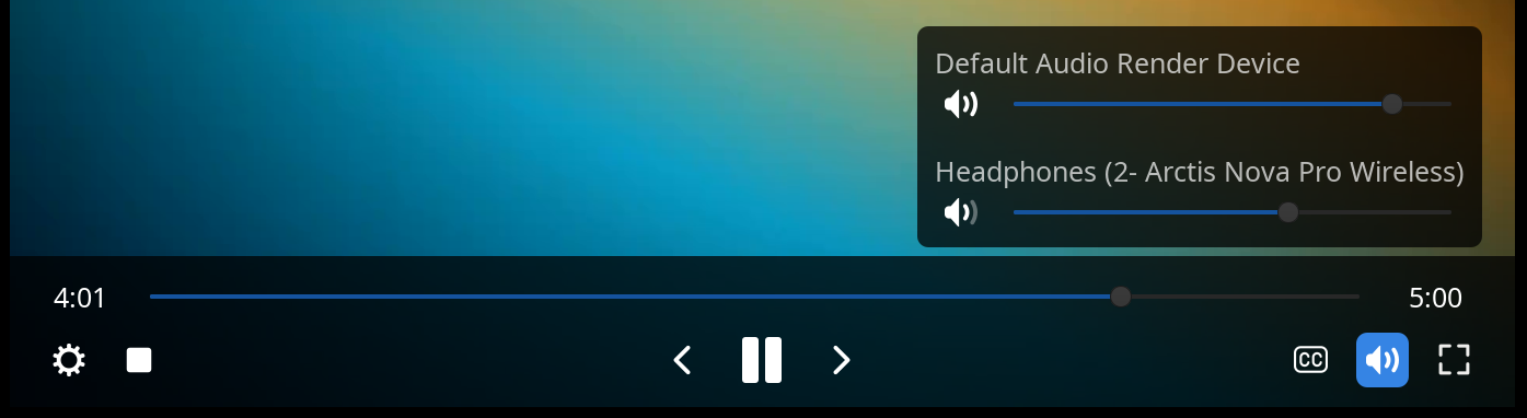 The playback control bar, with the volume panel open above it showing a slider for each output.