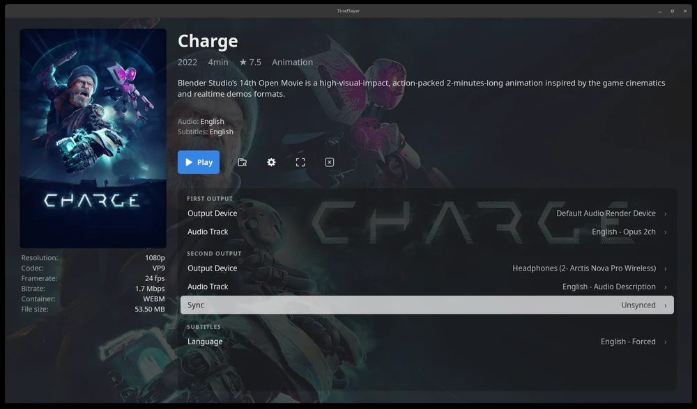 A media page, with the film's soundtrack going to the speakers and its audio description to the headphones.